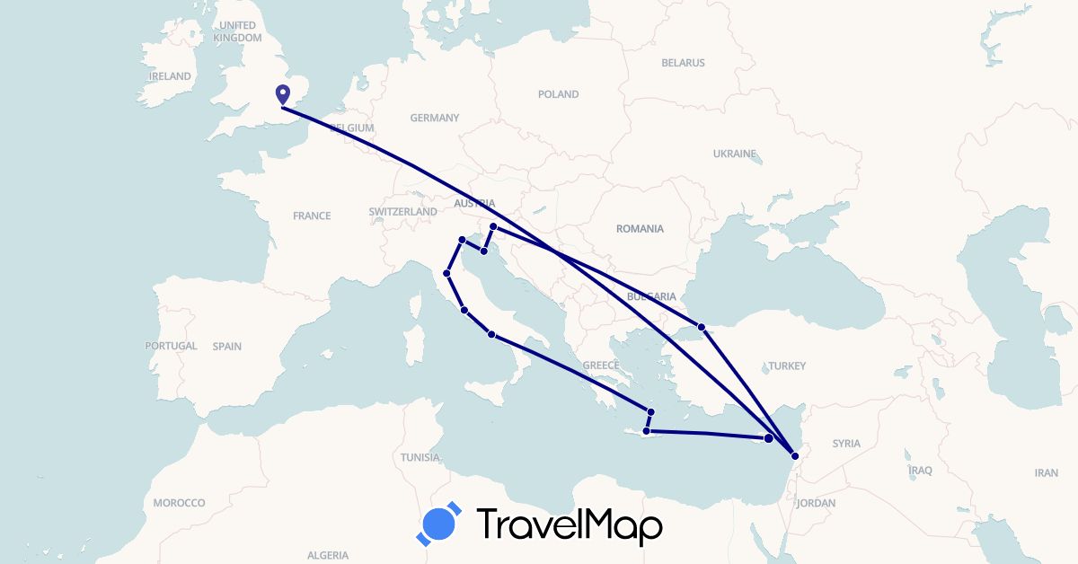 TravelMap itinerary: driving in Cyprus, United Kingdom, Greece, Croatia, Italy, Lebanon, Slovenia, Turkey (Asia, Europe)